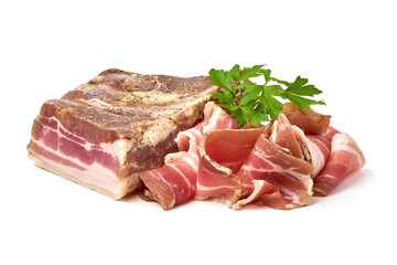 Homemade Chunks of salted bacon, isolated on white background
