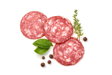 Smoked Sausage slices, isolated on white background