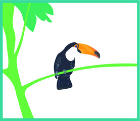 Illustration of a Funny and Cute Toco Toucan in Natural Habitat. South America.

