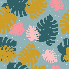 Fototapeta na wymiar A simple pattern of monstera. Blue background, pink, mustard and dark blue monstera leaves, dots. The print is well suited for textiles, Wallpaper and packaging.