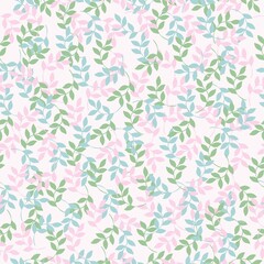 Simple vintage pattern. Blue, pink and green plants leaves .White background. Pastel color. Vector texture. Fashionable elegant print for Wallpaper.