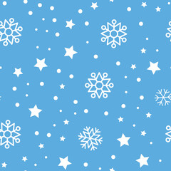 Snow vector pattern. Snowflake and stars seamless texture. Winter background. Vector elements.
