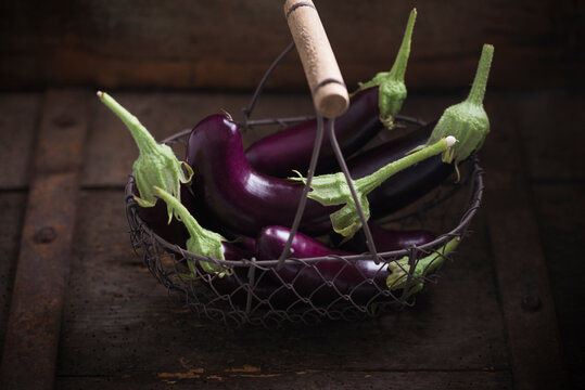 Finger aubergine Hansel F1 (Solanum melongena H�nsel F1) in a wire basket