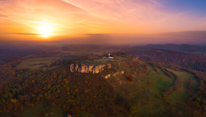 Aerial view of Staffelberg mountain during autumn sunset