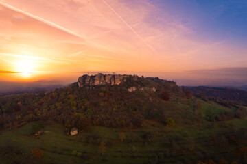 Aerial view of Staffelberg mountain during autumn sunset