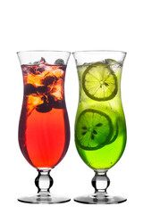 Green and red cocktail with lemon and ice on a white isolated background