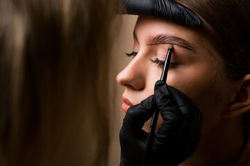 Master make-up artist paints eyebrows of a beautiful girl. Eyebrow dyeing and shaping procedure....