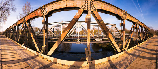 Panoramic view of bridge over Main river on late autumn day