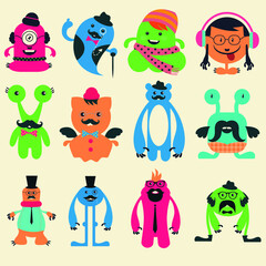 Set of simple vector funny cartoon hipster monsters icons elements