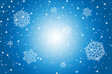 Vector abstract winter blue background with white glare in the center with falling snow and snowflakes.