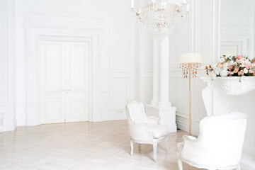 Fototapeta na wymiar modern light clean rich baroque style interior with swing