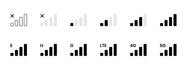 Signal reception bar collection of vector illustration. Mobile phone connection level icons. No signal, bad, lte, 4g and 5g network status. Strength indicator for interface, web app, ui