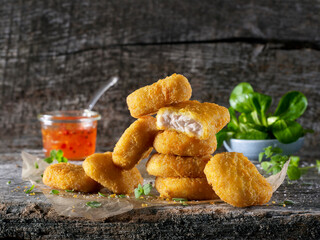 Chicken nuggets with lamb's lettuce and dip