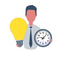 Businessman or clerk holding a clock and a lightbulb. Male character in simple style with objects, flat vector illustration. Business concept. Isolated on white background.