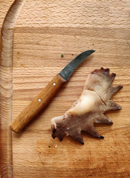 A raw cockscomb with a knife on a wooden background