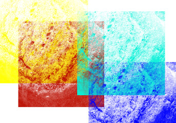 Fondo de cuadrados jaspeados en rojo, amarillo, turquesa y azul sobre fondo blanco