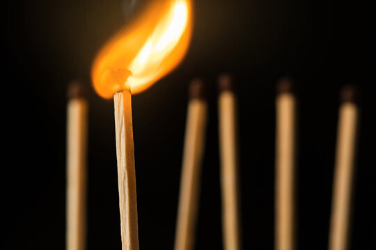 wooden lighted matches, standing on a black background