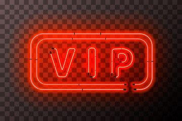 Bright red neon VIP sign with rectangle frame on transparent