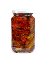 Jar with sun-dried tomatoes in olive oil isolated on white.