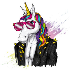 A beautiful unicorn in a stylish jacket with spikes. Vector illustration for a postcard or poster, print on clothes.