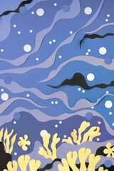 Abstract sea underwater background. Matisse-inspired collage arranged from cut paper. Creative paper cutting arrangement. Flat lay background with abstract paper shapes.