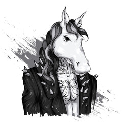 A beautiful horse in a stylish jacket with spikes. Vector illustration for a postcard or poster, print on clothes.