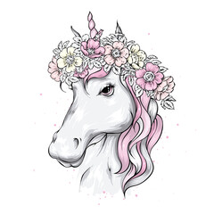 Beautiful unicorn in a flower wreath. Vector illustration for a postcard or poster, print on clothes.