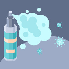 Antiseptic spray on grey backdrop. Virus disinfection sign for social banner or propaganda, hygiene promotion, medical poster. Chemist shop logo or info card. Flat style stock vector illustration
