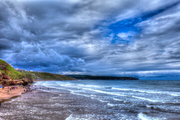 View of North Sea coast in Whitby, Yorkshire, Great Britain.