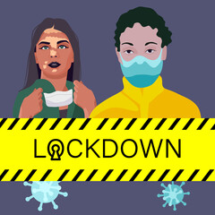 Vitiligo people in masks on grey backdrop. Lockdown poster for social banner or propaganda, hygiene promotion, medical poster. Chemist shop logo or info card. Flat style stock vector illustration