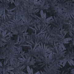 Seamless patterned denim jean for print. High quality illustration. Grungy trendy street wear design. Real detailed denim texture with digital floral pattern overlay. Navy blue deep dark colors.