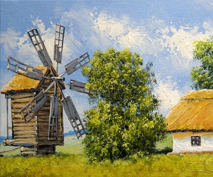 Oil paintings rural landscape, old village, traditional ukrainian village house