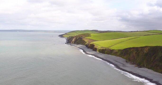 Devon coastline and fields, Beautiful English Countryside by drone, Aerial landscape