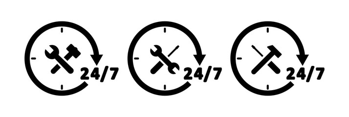 Car service around the clock, 24 hours. 24/7 car service set of signs. Car service logotype. Vector illustration.