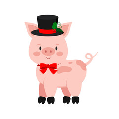 Cute christmas pig with curly tail isolated on white background. Funny x-mas farm little pig icon with snowman hat and bow tie. Flat design cartoon style vector animal character illustration. 