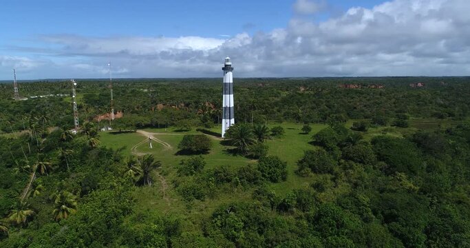 Beautiful image of a lighthouse on the edge of the blue sea in Brazil- São Miguel do Gostoso-RN - Aerial image.