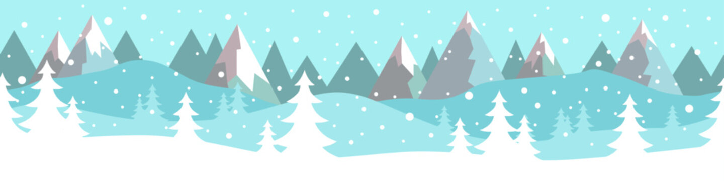 Simple flat vector winter landscape with trees, snow and mountains in the background.