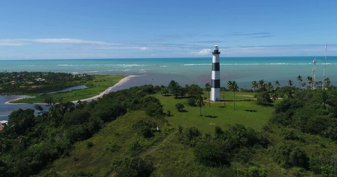 Beautiful image of a lighthouse on the edge of the blue sea in Brazil- São Miguel do Gostoso-RN - Aerial image.