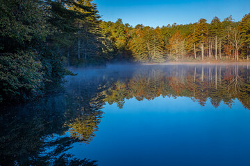 Mist surrounds the shore of autumn colored trees on Stone Lake in Pisgah Forest