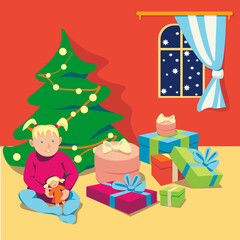 The little girl is sitting on floor near christmas tree with gifts