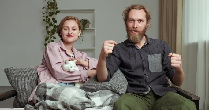 Calm smiling woman holding cute white cat in her arms sits on sofa with husband of bearded man screaming yelling watching at TV football game boxing competition guy cheering for team rejoices to win