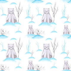 Watercolor bear, snow, and branches seamless pattern on a white background. Hand-drawn winter endless print. Cute Christmas illustration.