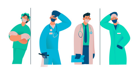 Tired overworked doctors, nurses, paramedics, vector flat isolated illustration. Exhausted Healthcare workers. Coronavirus pandemic, Covid-19 quarantine. Flat cartoon vector illustration.