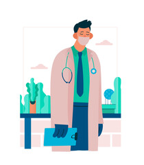 Tired overworked doctor in his office. Exhausted Healthcare worker. Coronavirus pandemic, Covid-19 quarantine. Flat cartoon vector illustration.