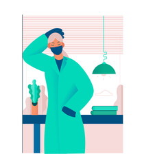 Tired overworked doctor or nurses in her office. Exhausted Healthcare worker. Coronavirus pandemic, Covid-19 quarantine. Flat cartoon vector illustration.