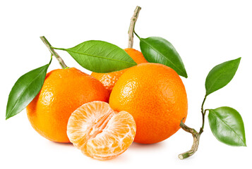 Tangerines or clementines with green leaf on white. Beautiful composition for design