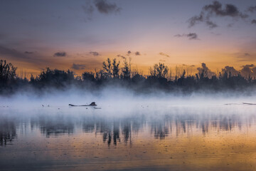 Obraz na płótnie Canvas Moddy sunrise over calm foggy river