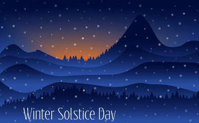 Vector illustration of The longest night in the year. Winter solstice day in December the 21. Greeting card design template. The dark sky with sunset or sunrise. - 395619191