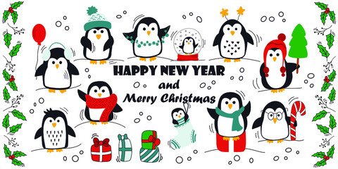 Hand-drawn cute penguins collection. Vector illustration for congratulations
Happy New Year and Merry Christmas.
Set of penguins, gifts and winter twigs isolated on a white background.