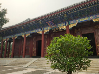 Facade of the house in the Chinese style  in The Summer Palace. Renshoudian. Beijing. China. Asia